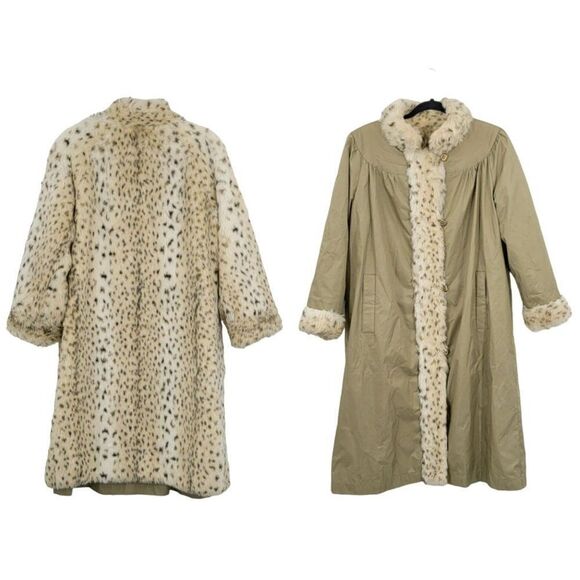 Vintage 70's Reversible Vegan Faux Fur Raincoat M Snow Leopard Animal Pockets - Picture 1 of 16